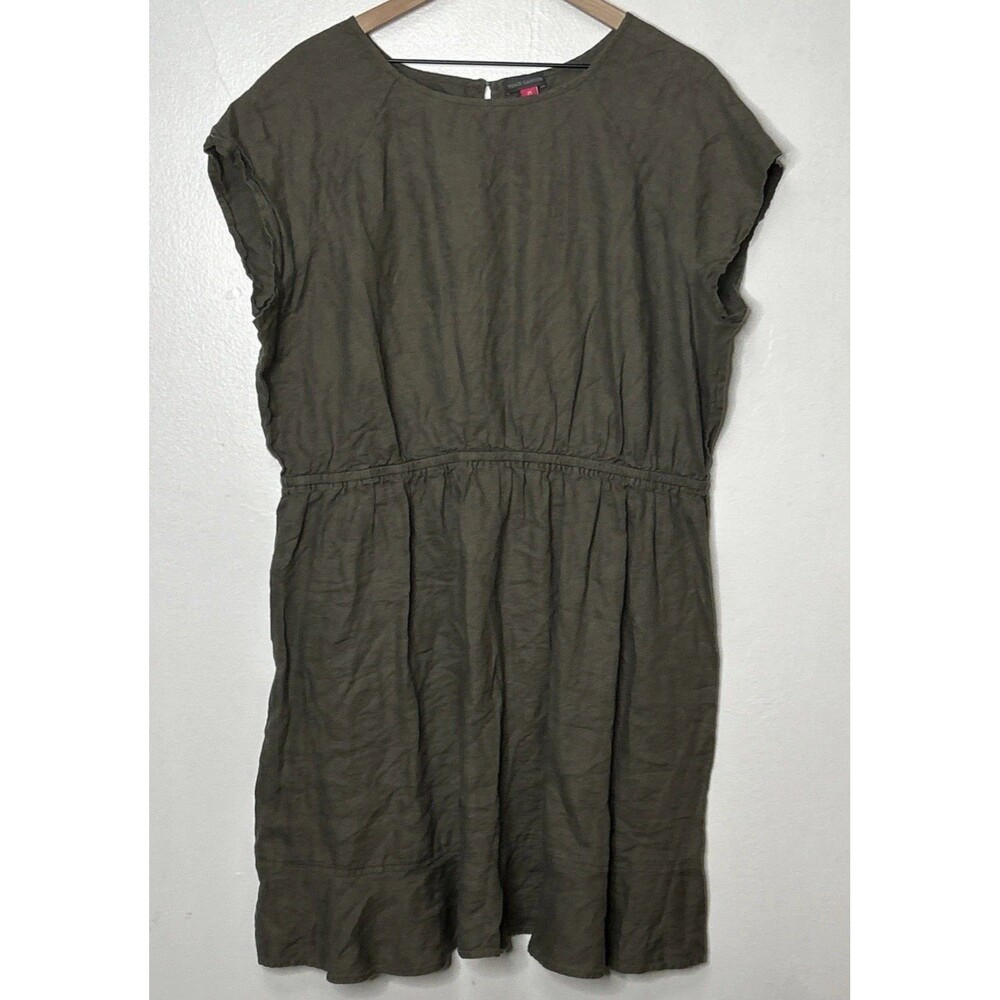 Vince Camuto Linen Dress 2X Ruffled Hem Olive Green Cap Sleeve Elastic Waist Mid